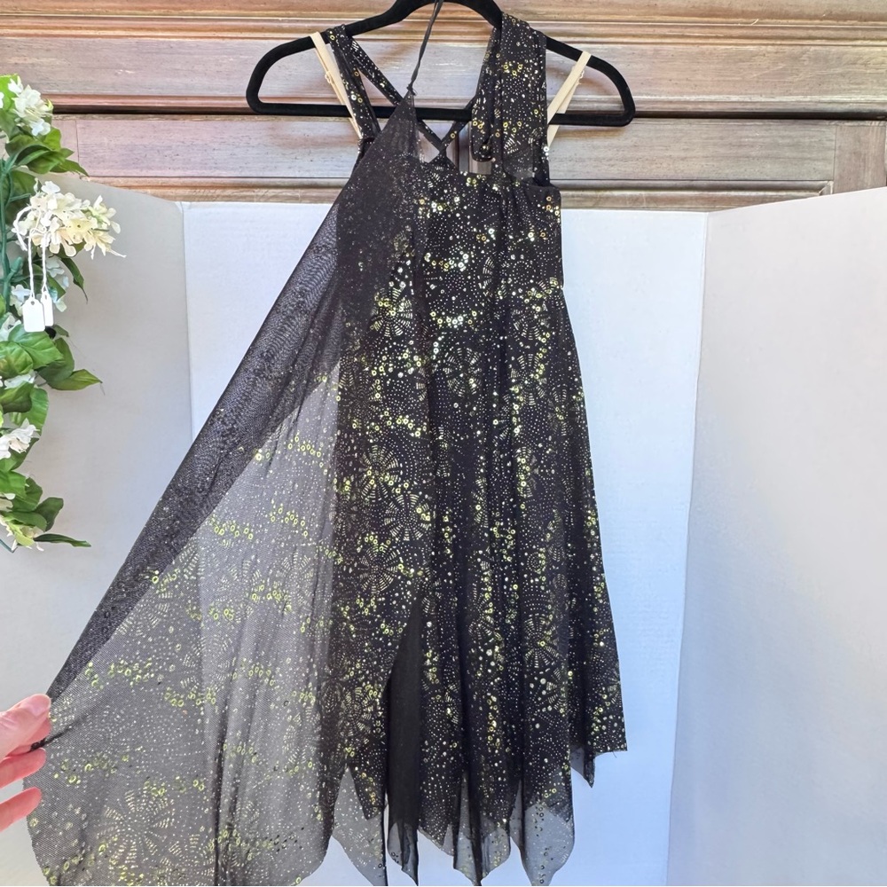 Costume Dance Modern Dress Black Gold Sequins Spiderweb Handkerchief Witch Sz M
